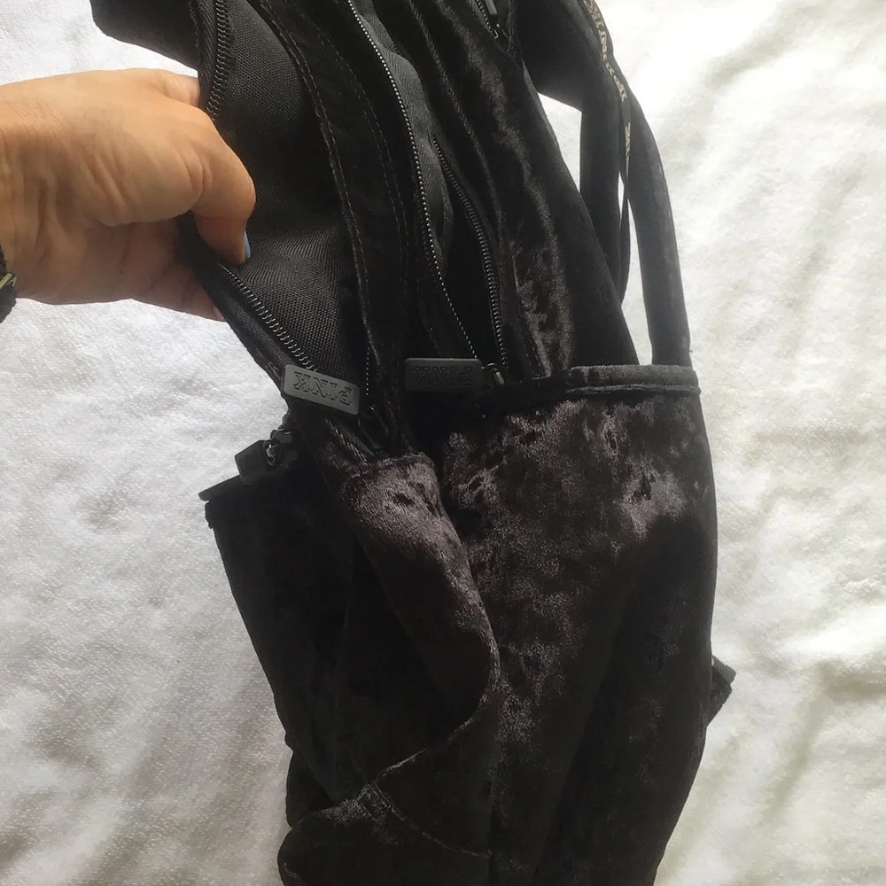 PINK Victoria's Secret Black Velvet Backpack with Gold Logo,PINK VS collegiate